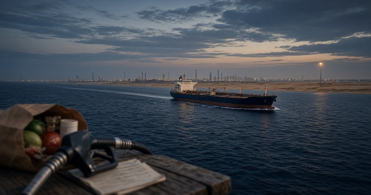 A commercial tanker moving through the Gulf as fuel, shipping and household costs adjust at different speeds.