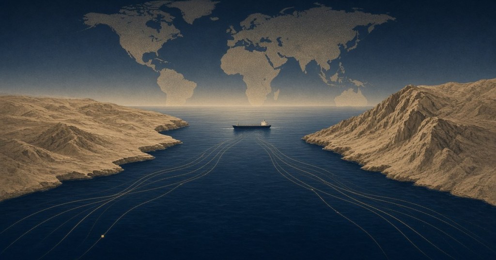 Editorial illustration of a tanker passing through a narrow Gulf shipping route, representing the global inflation impact of Strait of Hormuz disruption.