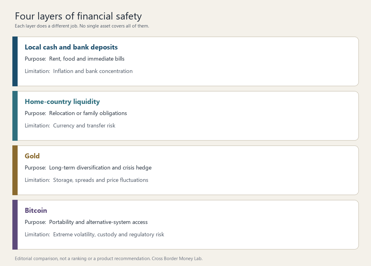 Four-layer comparison: local cash, home-country liquidity, gold, and Bitcoin, with purpose and limitation for each.