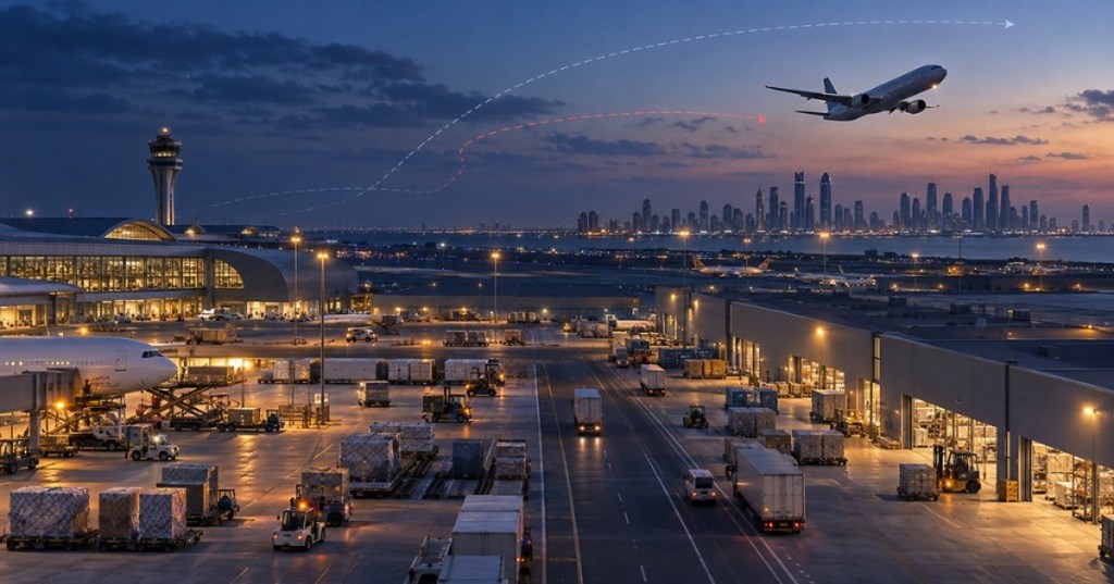 Gulf airport and air-cargo hub illustrating how flight disruption can spread through logistics, inventory and consumer prices