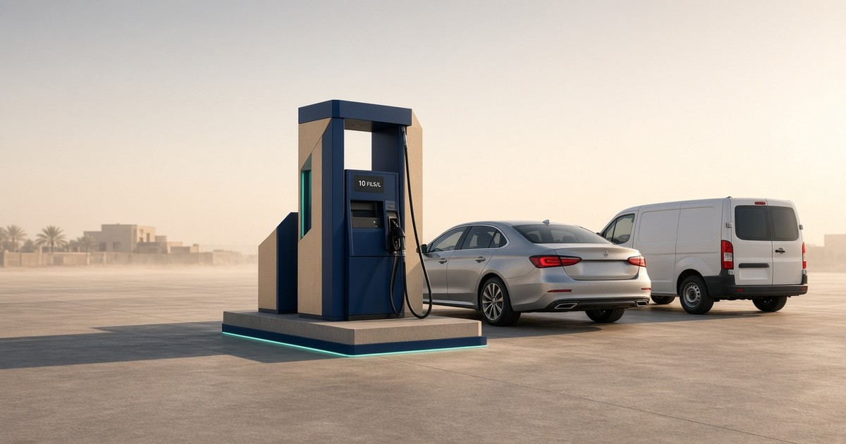 UAE fuel pump beside a family car and small delivery van illustrating the household and business effect of a 10-fils-per-litre price change.