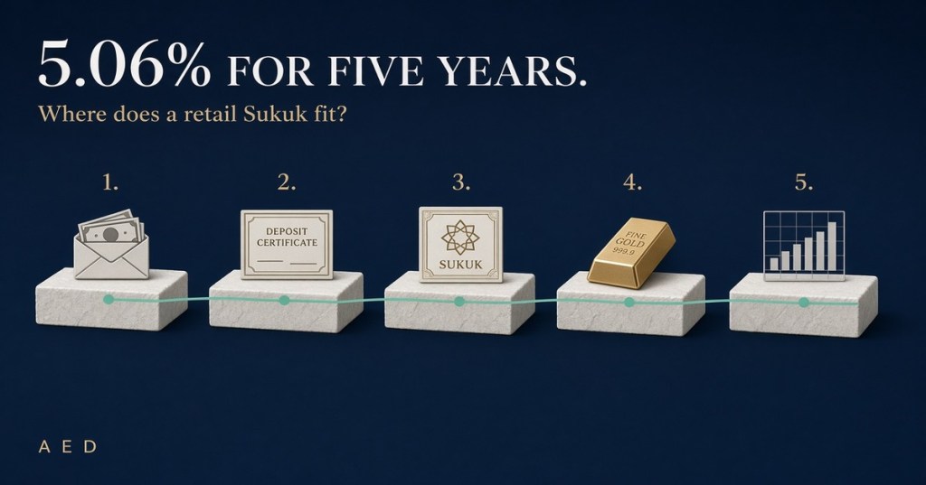 Editorial illustration of a five-year pathway with five asset roles — cash, deposit, sukuk, gold and equities — asking where a retail Sukuk fits. Headline: 5.06% for five years.